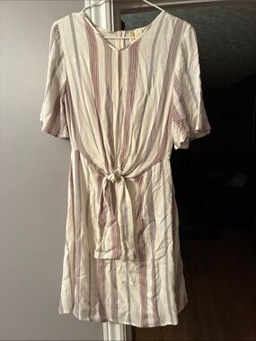 Japna Cream Midi Dress with Mauve and Light Gray Stripes